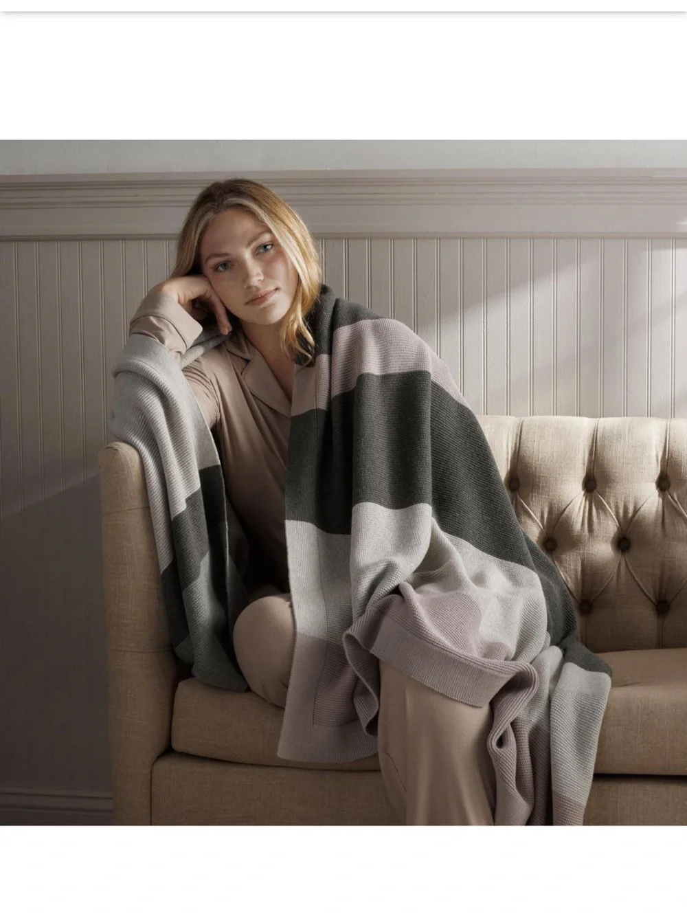The Company Store 100% Cotton Knit Throw Blanket 50x70 NWT Gray Stripe